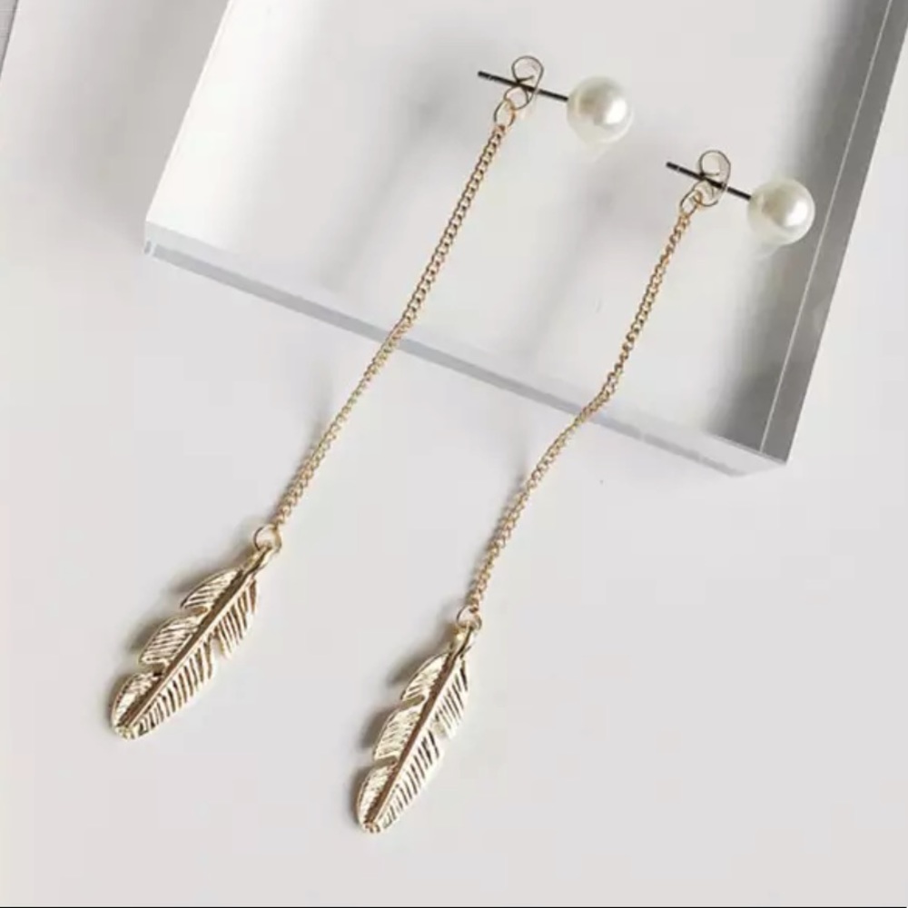 2/$25 Feather Long Pearl Dangle Earrings Boho